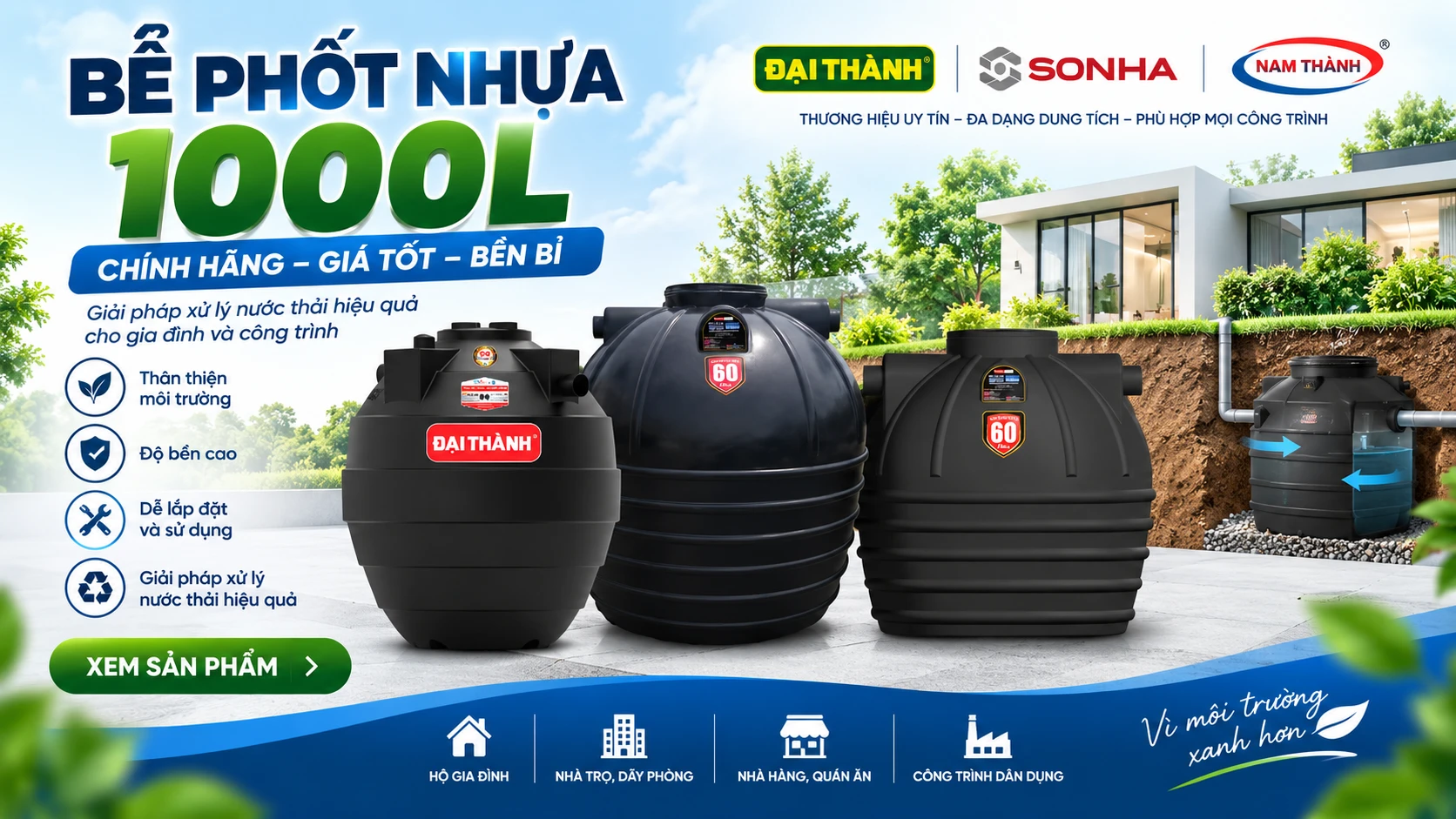 bể phốt nhựa 1000L chính hãng Đại Thành Sơn Hà Nam Thành