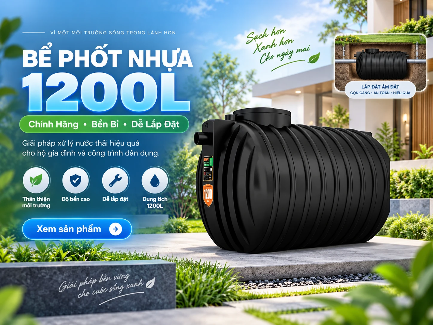 bể phốt nhựa 1200 lít Sơn Hà chính hãng cho gia đình