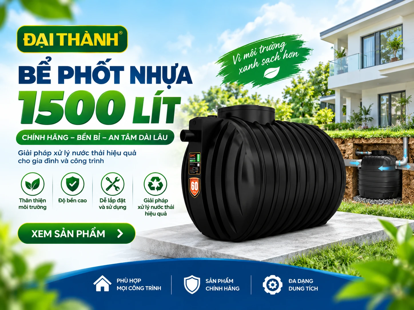 bể phốt nhựa 1500 lít Sơn Hà Đại Thành Nam Thành