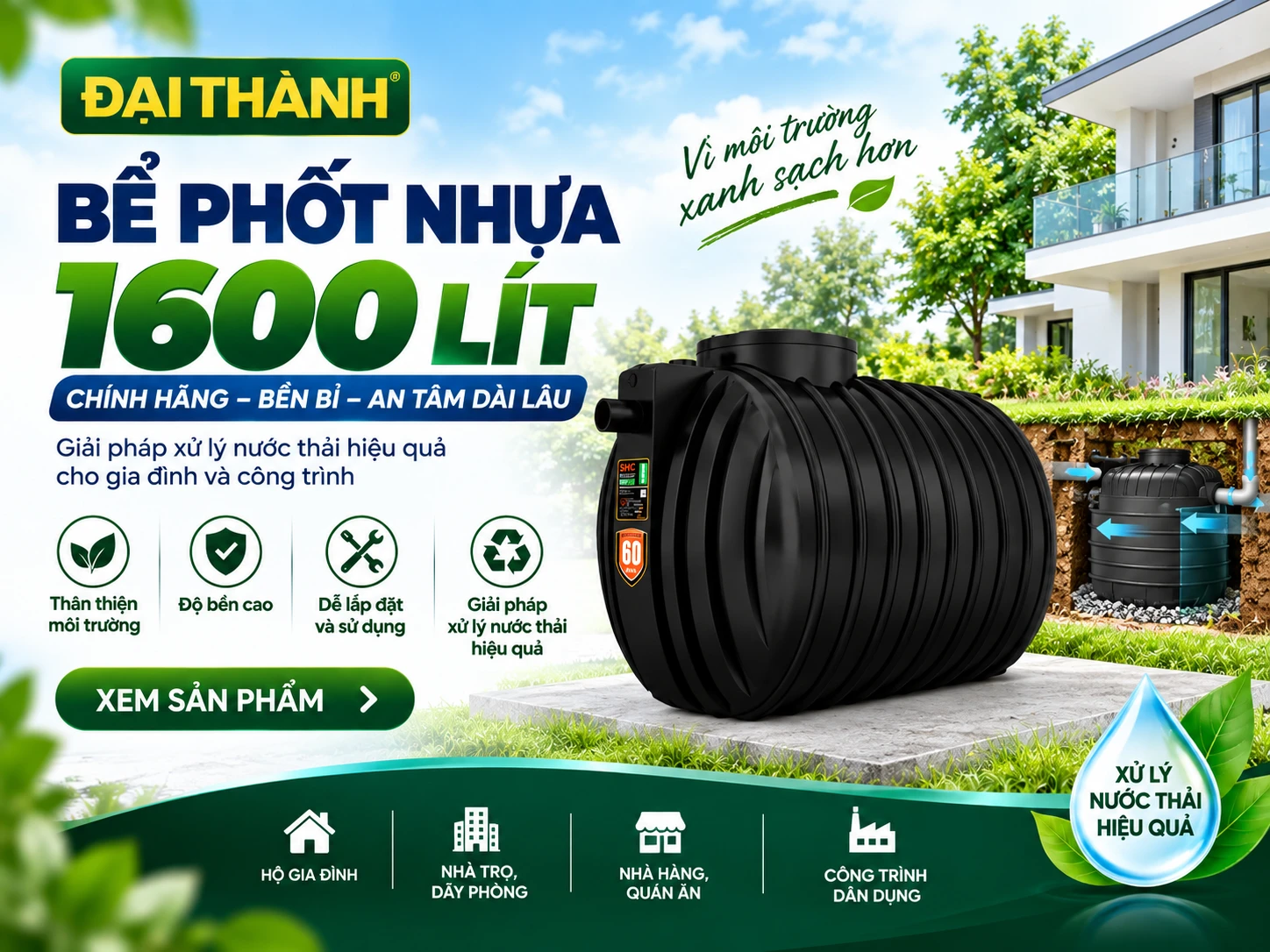 bể phốt nhựa 1600 lít Sơn Hà chính hãng