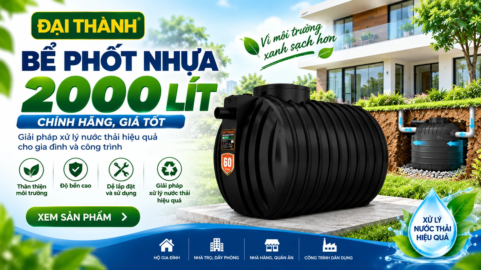 bể phốt nhựa 2000 lít chính hãng Sơn Hà Đại Thành Nam Thành