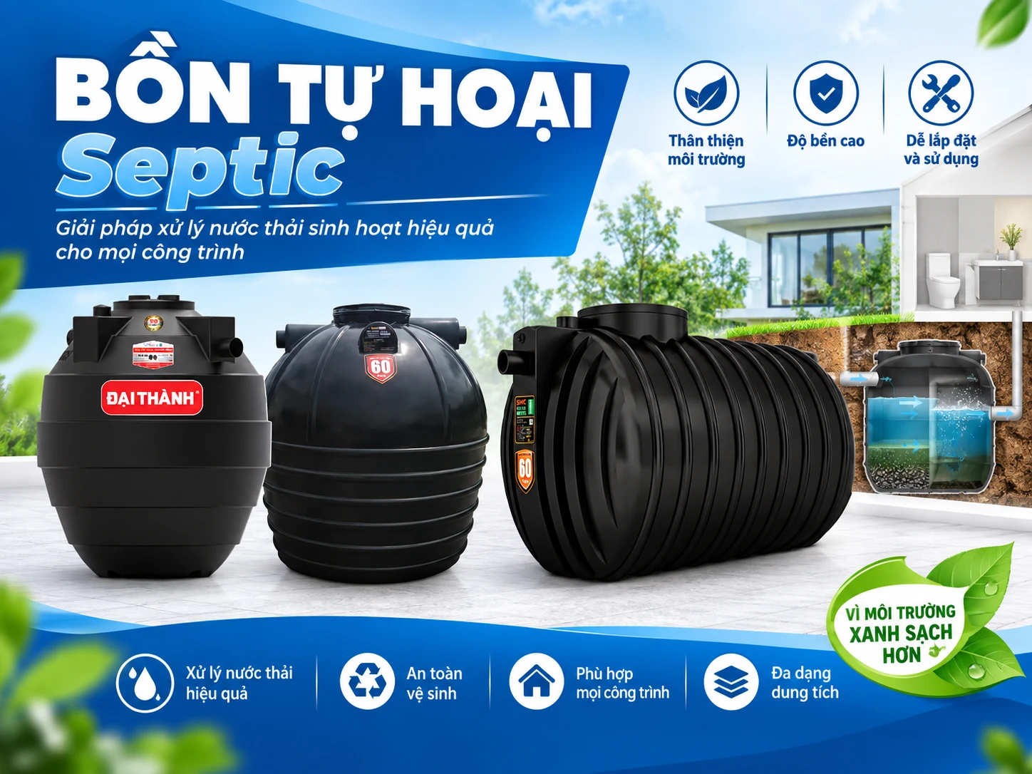 bồn tự hoại septic nhựa cho gia đình 500L đến 2500L