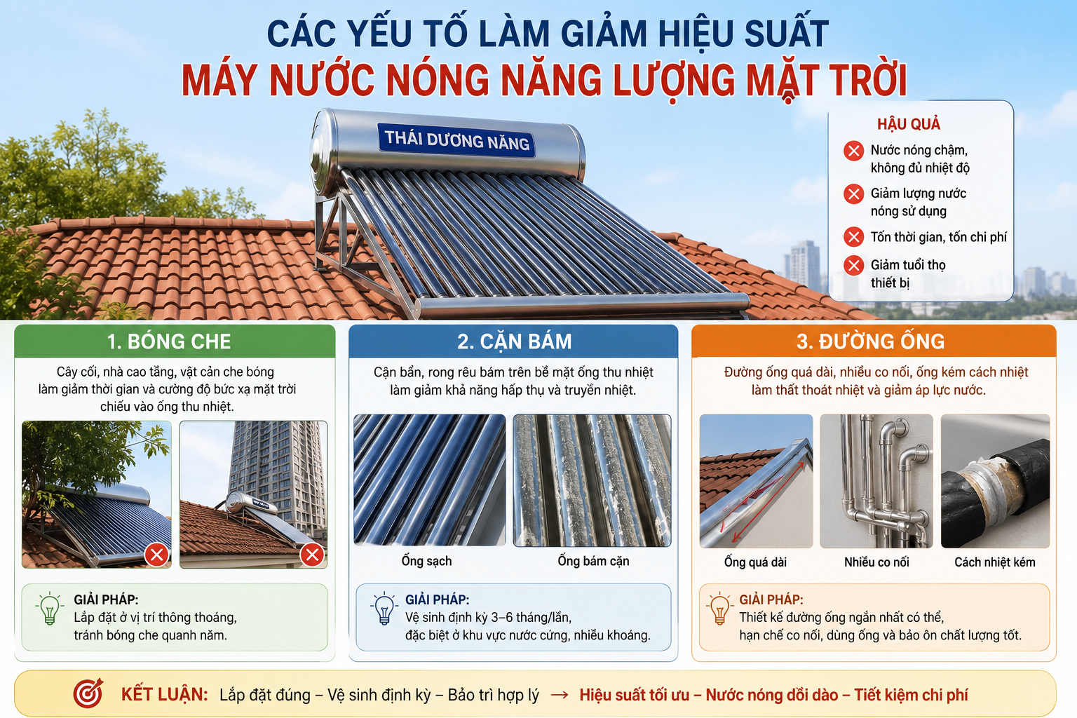 các yếu tố làm giảm hiệu suất máy nước nóng năng lượng mặt trời do bóng che cặn bám và đường ống