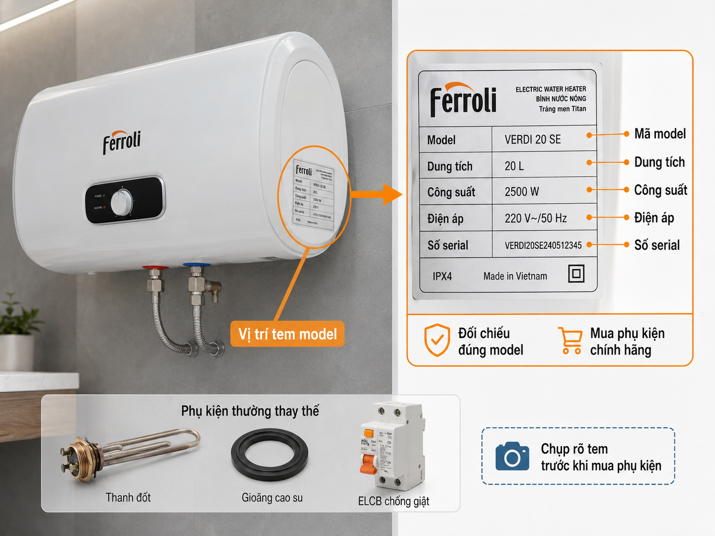 Đọc tem model Ferroli trước khi mua phụ kiện Cách đọc tem model máy nước nóng Ferroli trước khi mua phụ kiện chính hãng đúng model