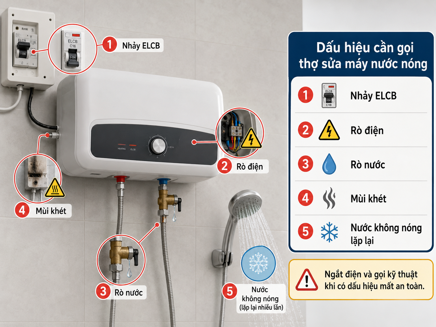 Khi nào cần gọi thợ sửa máy nước nóng Dấu hiệu cần gọi thợ sửa máy nước nóng gồm nhảy ELCB rò điện rò nước mùi khét và nước không nóng lặp lại