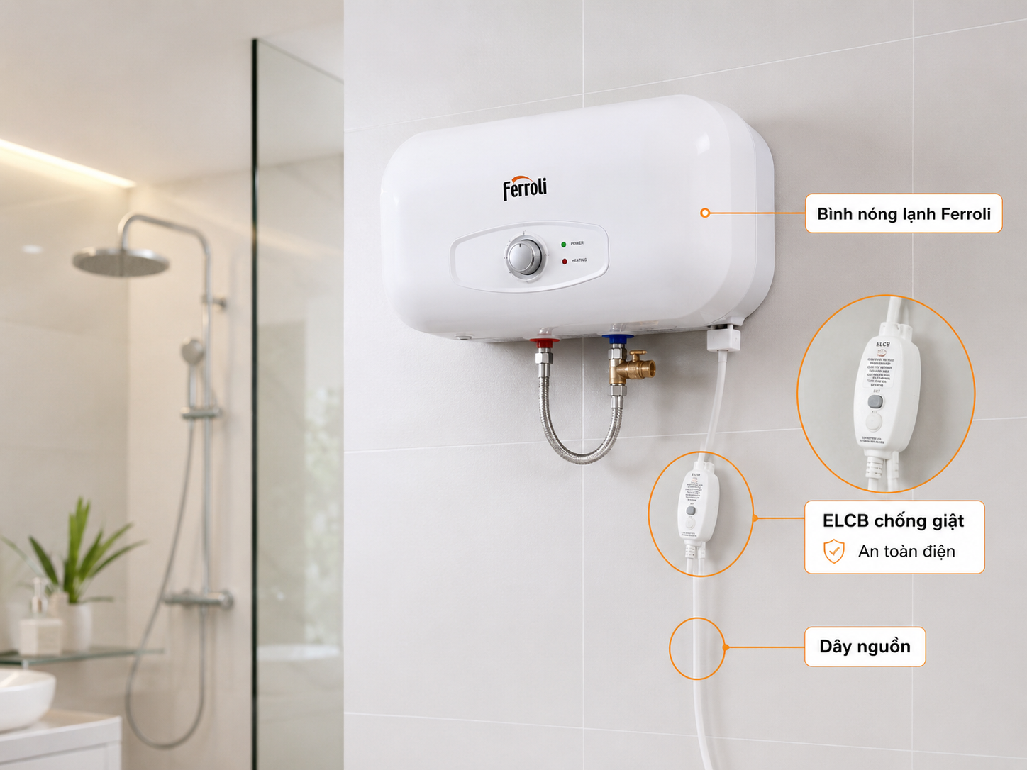 Dây nguồn chống giật ELCB Ferroli trên bình nóng lạnh trong phòng tắm