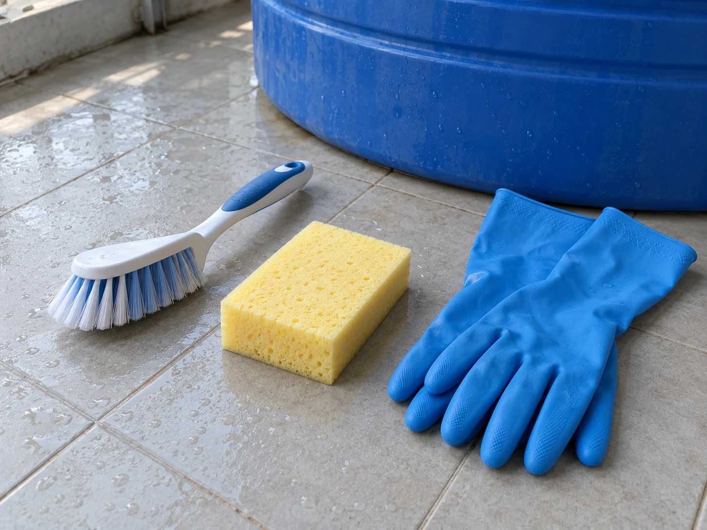 dụng cụ vệ sinh bồn nước nhựa gồm bàn chải mềm bọt biển găng tay