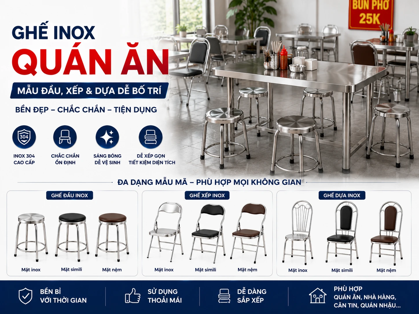 bàn ghế inox quán ăn Hwata cho nhà hàng và quán cơm