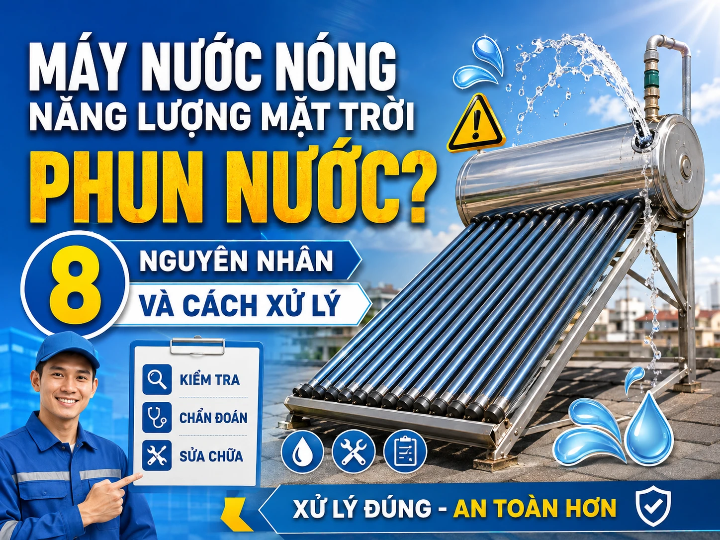 Máy nước nóng năng lượng mặt trời phun nước trên mái nhà