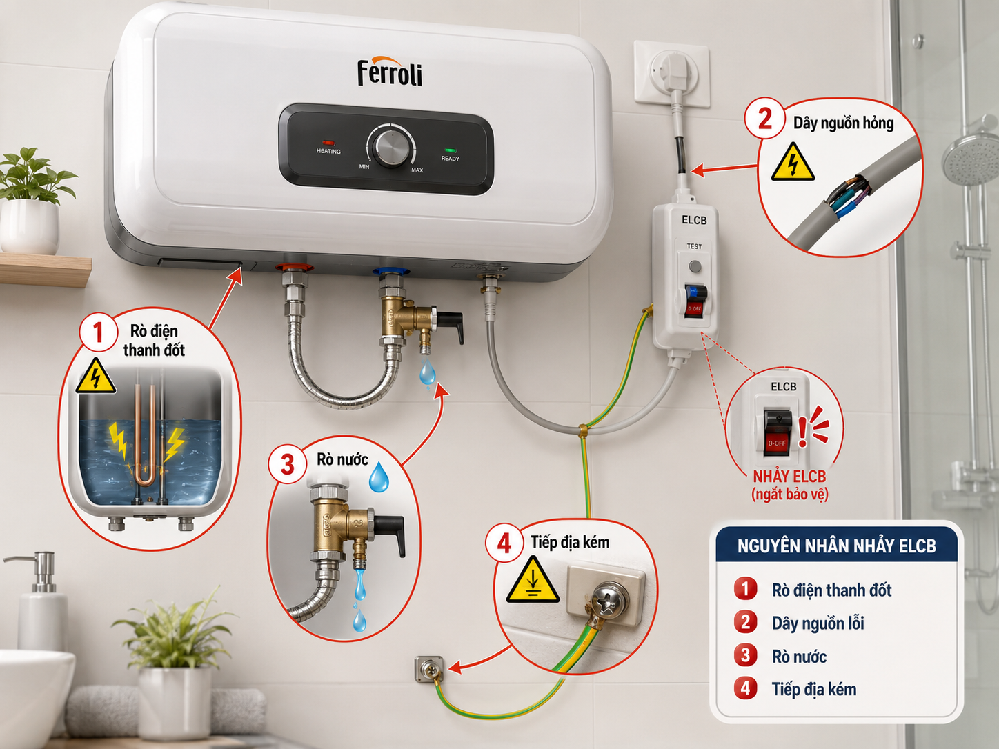 Nguyên nhân máy nước nóng Ferroli nhảy ELCB gồm rò điện thanh đốt dây nguồn rò nước và tiếp địa kém