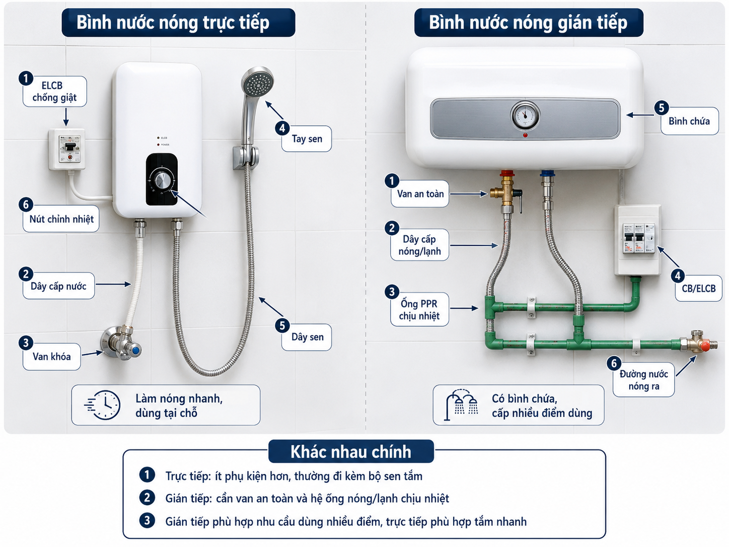 Phụ kiện bình nước nóng trực tiếp và bình nước nóng gián tiếp khác nhau thế nào