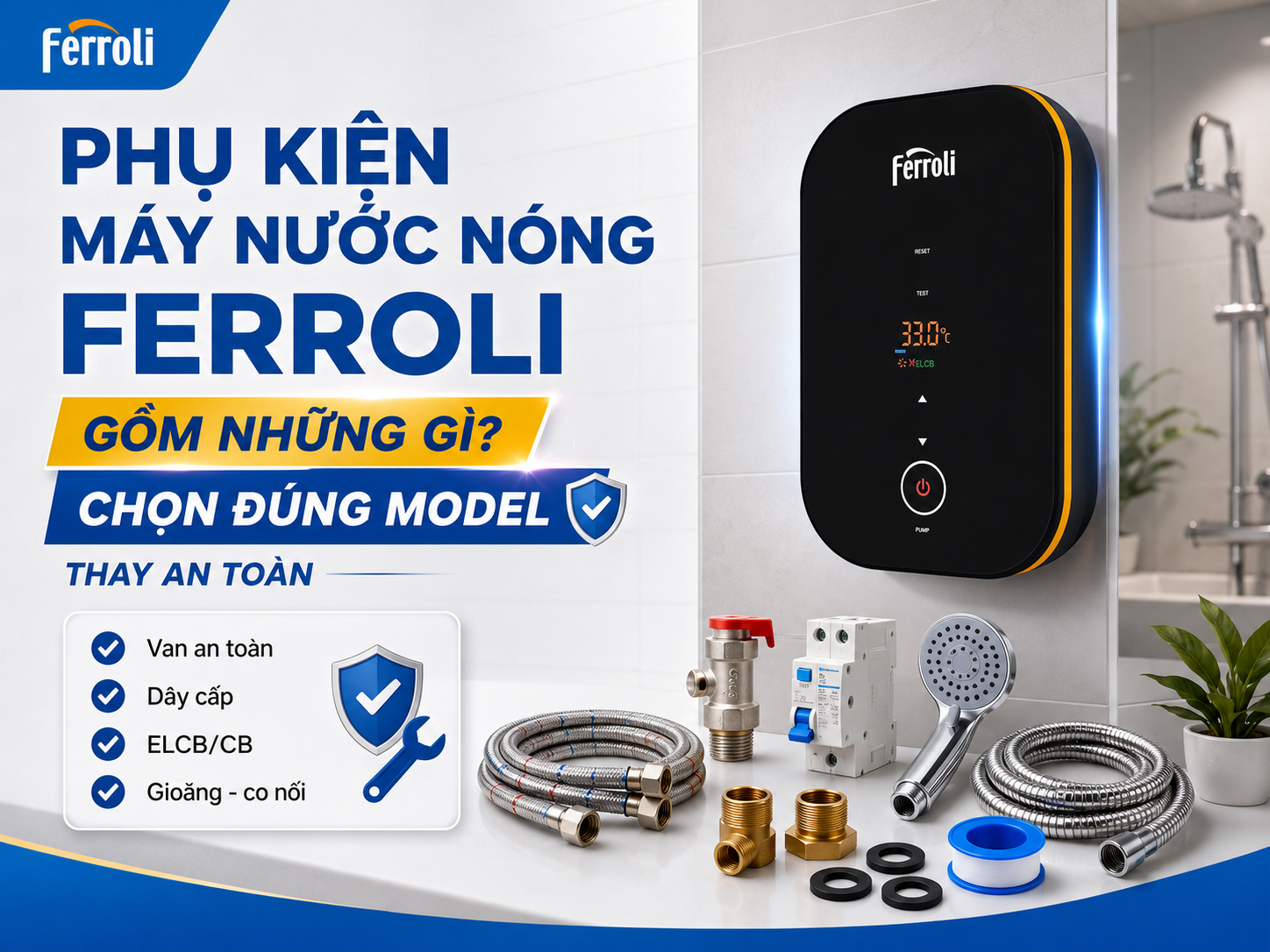 Phụ kiện máy nước nóng Ferroli Phụ kiện máy nước nóng Ferroli gồm van an toàn ELCB thanh đốt rơ-le thanh anode gioăng và dây cấp nước