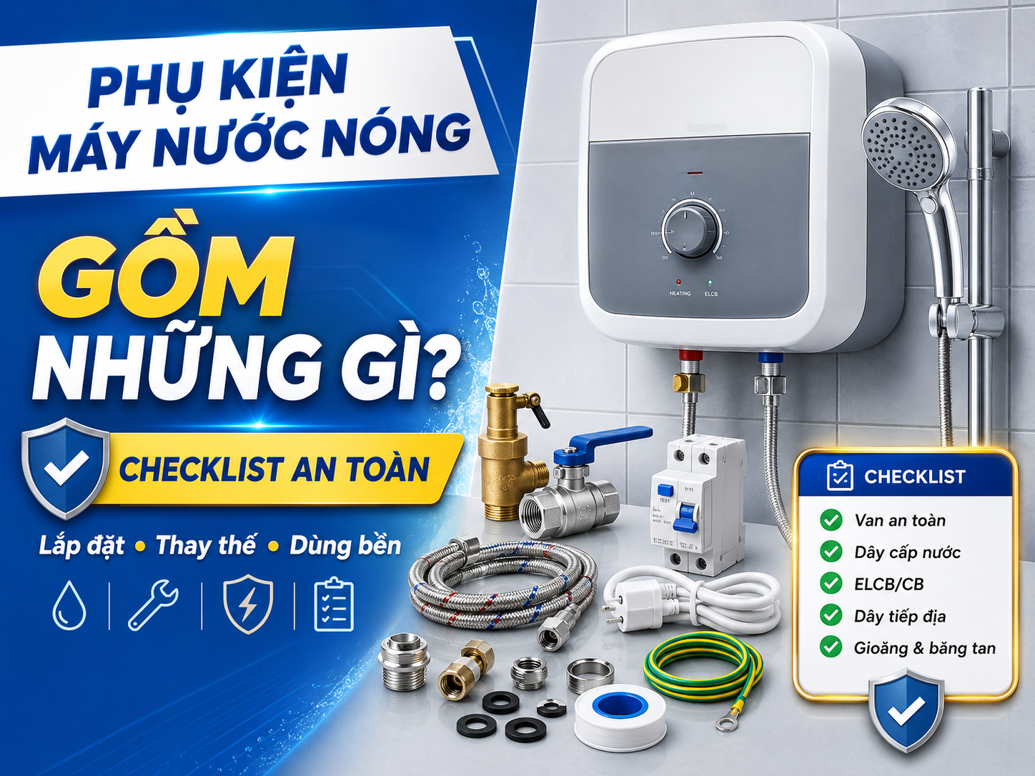 Phụ kiện máy nước nóng lạnh gồm van an toàn CB ELCB dây tiếp địa dây cấp nước