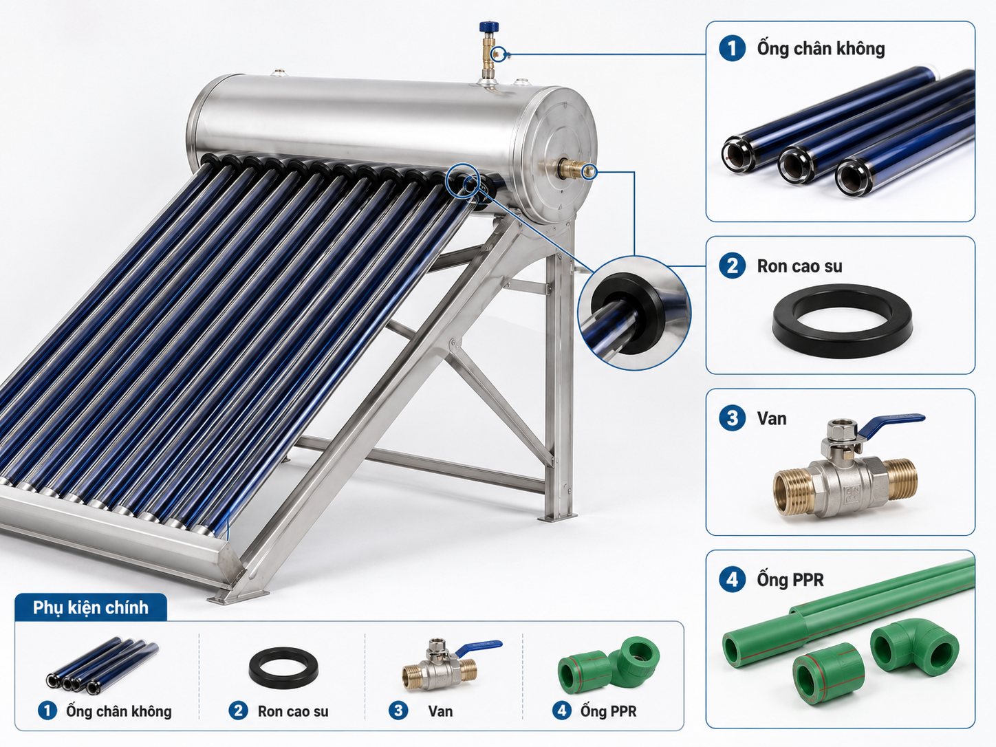 Phụ kiện máy nước nóng năng lượng mặt trời gồm ống chân không ron van ống PPR