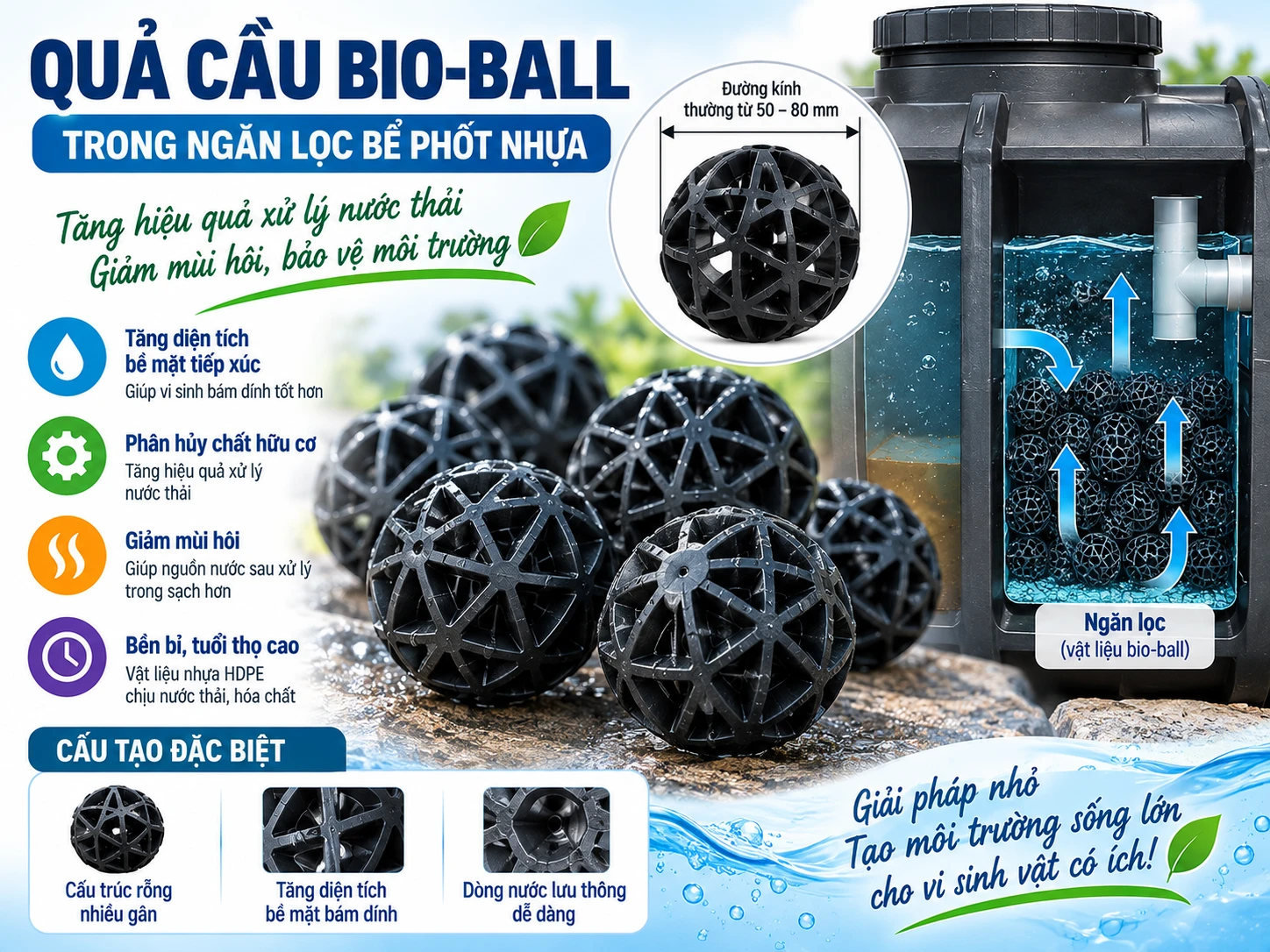 Minh họa Bio-ball và giá thể vi sinh trong bể tự hoại Quả cầu Bio-ball trong ngăn lọc bể phốt nhựa