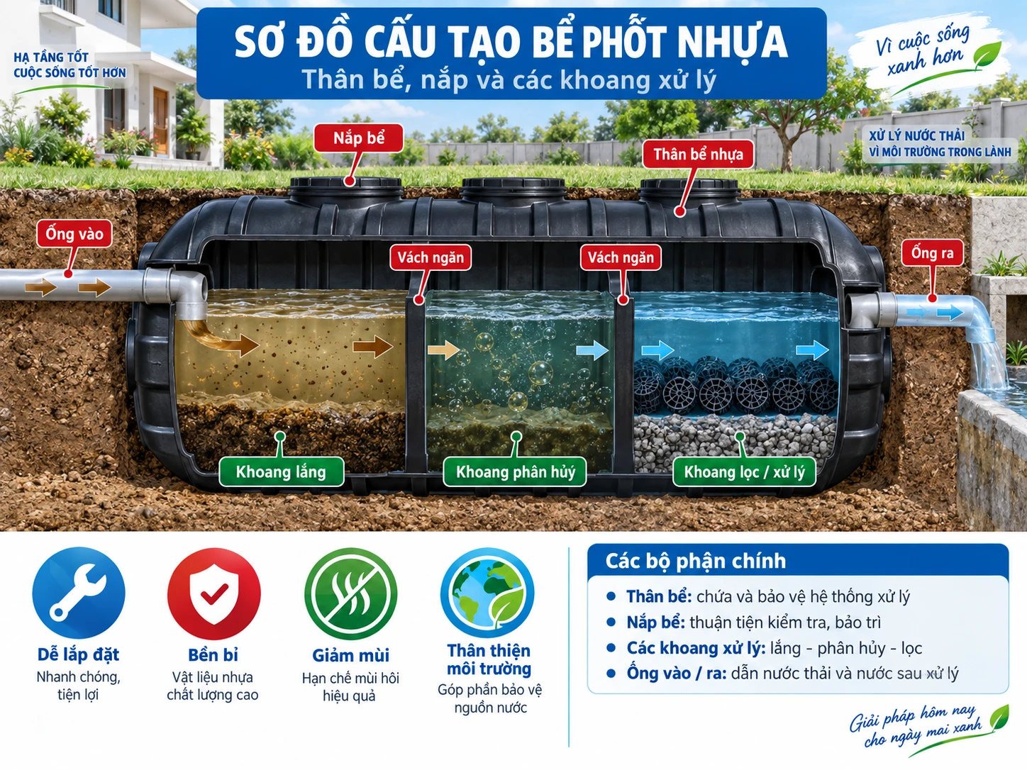 Các bộ phận chính của bể phốt nhựa Sơ đồ cấu tạo bể phốt nhựa với thân bể nắp và các khoang xử lý