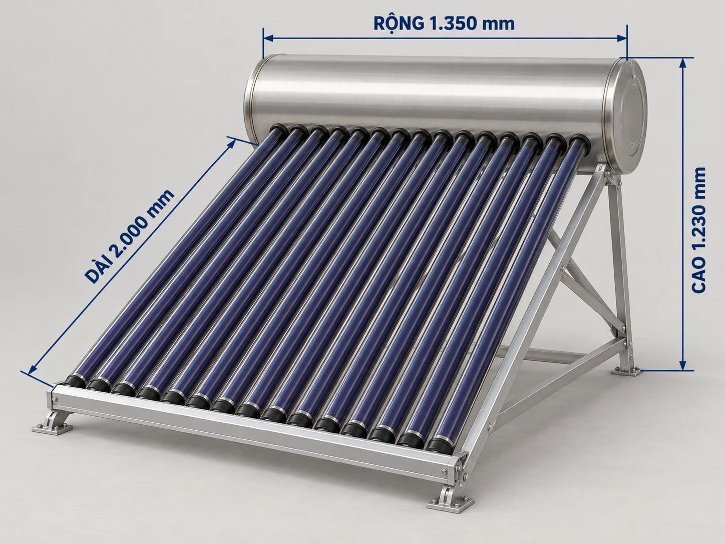 Sơ đồ kích thước máy nước nóng năng lượng mặt trời Tân Á 6-160L 2000 1350 1230 mm