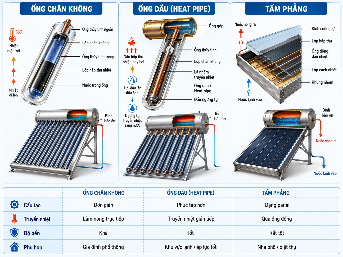 so sánh cấu tạo ống chân không ống dầu và tấm phẳng máy nước nóng năng lượng mặt trời