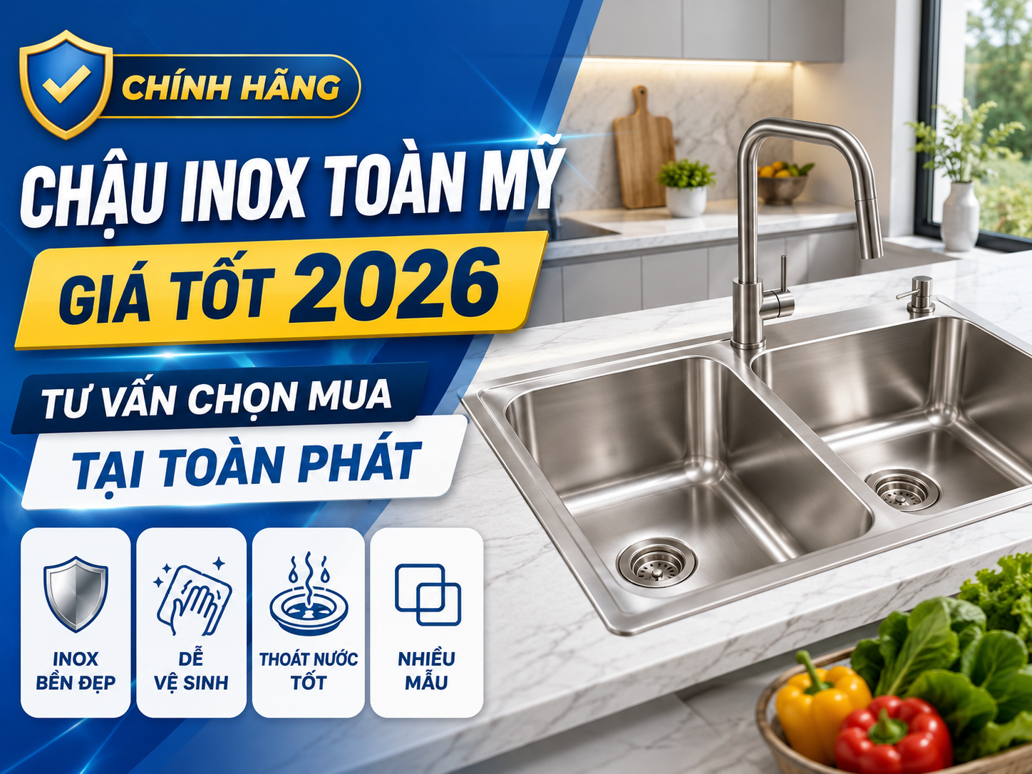 Chậu inox Toàn Mỹ chính hãng cho bếp gia đình