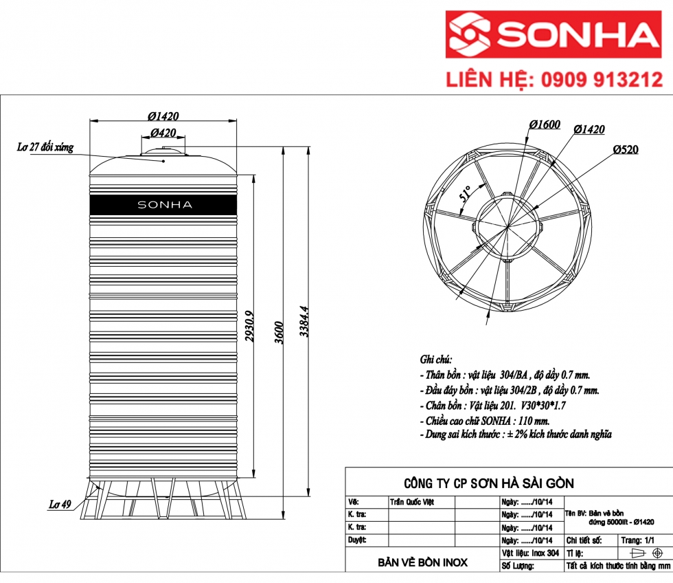 Bảng vẽ bồn nước inox 5000 lít đứng