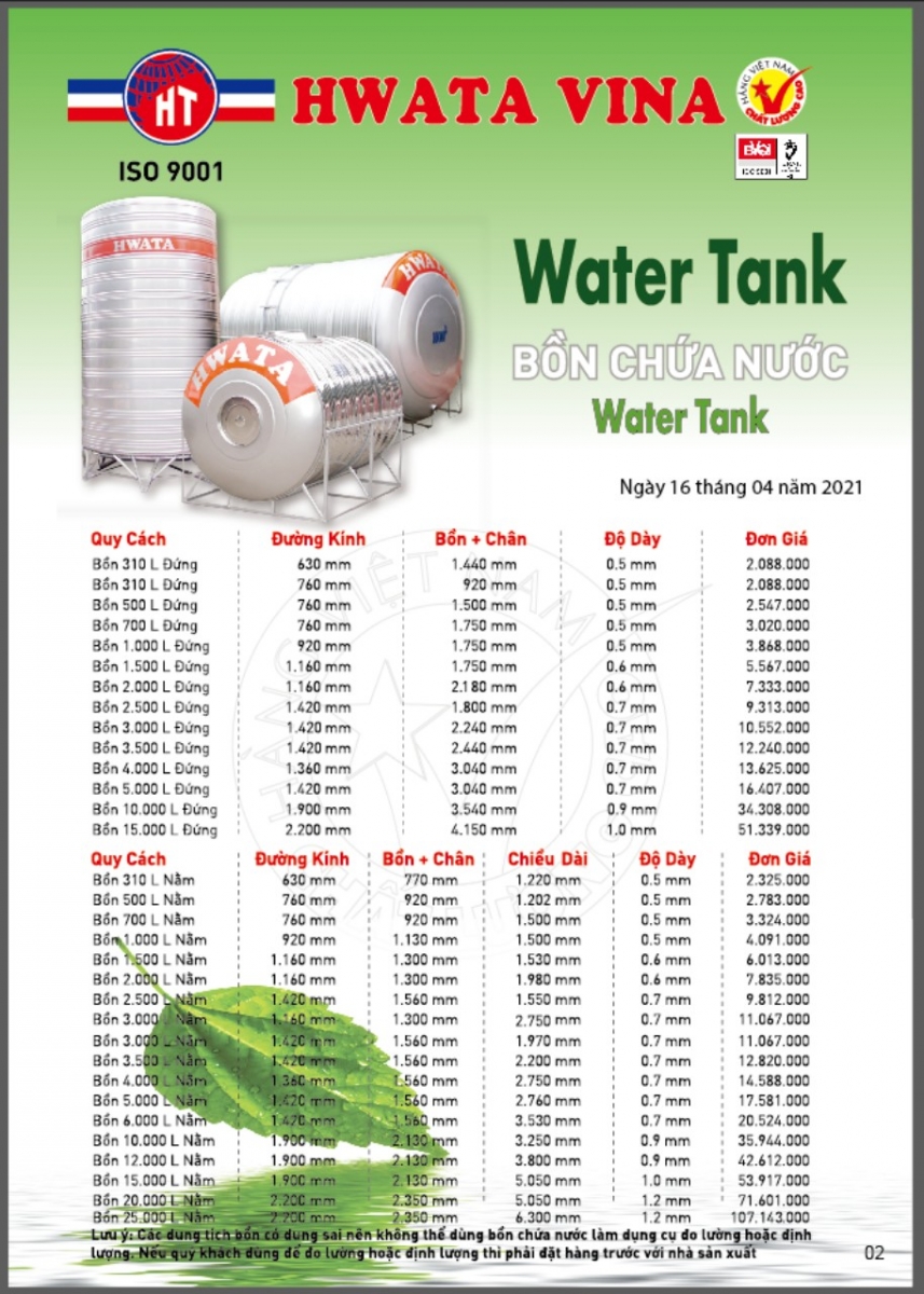 Bảng giá và thông số kỹ thuật bồn nước inox Hwata mới nhất