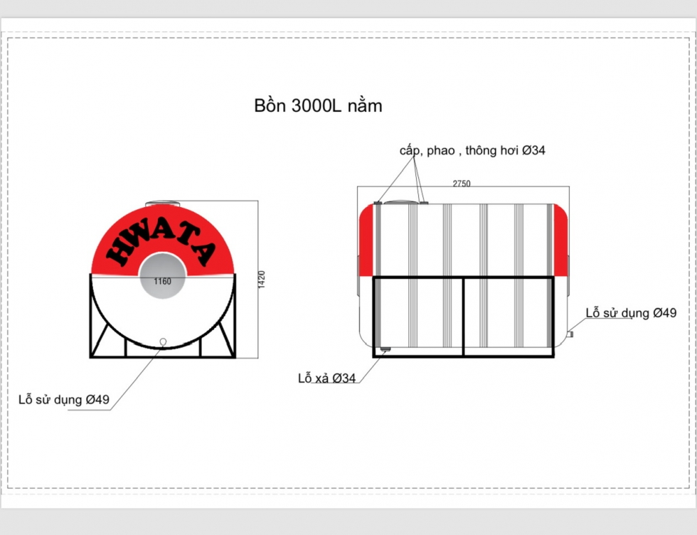 ban ve bon nuoc inox hwata 3000l ngang
