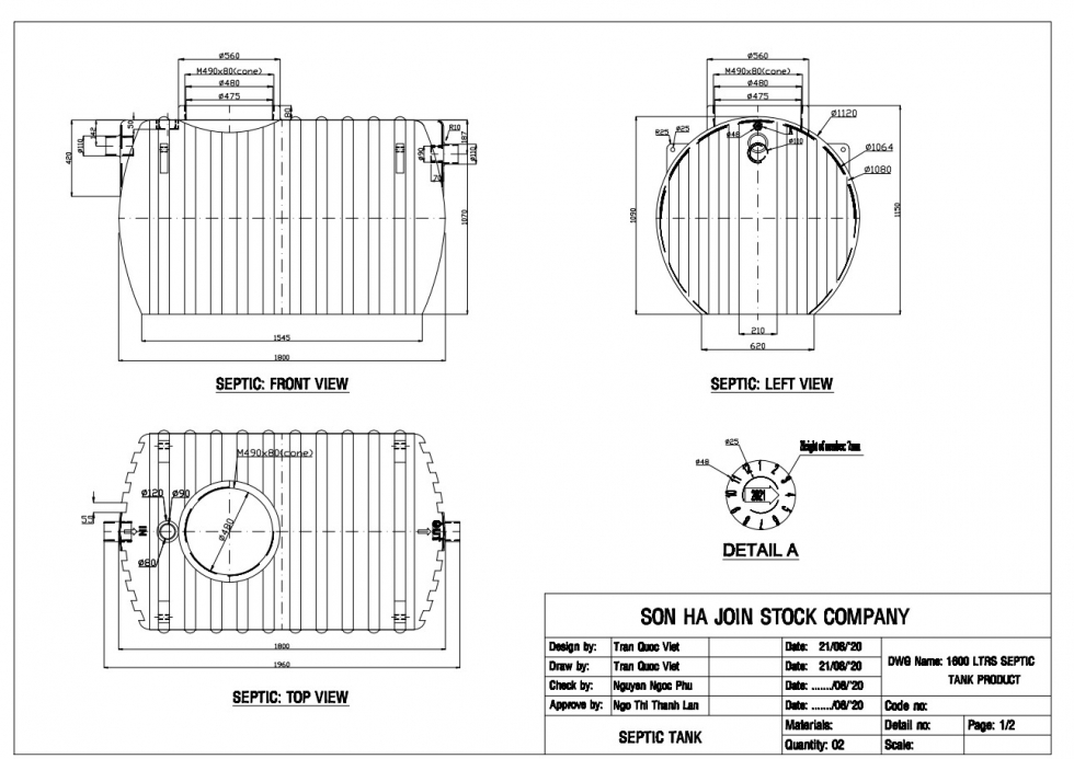 Bảng vẽ kỹ thuật của bể tự hoại Sơn Hà 1600L
