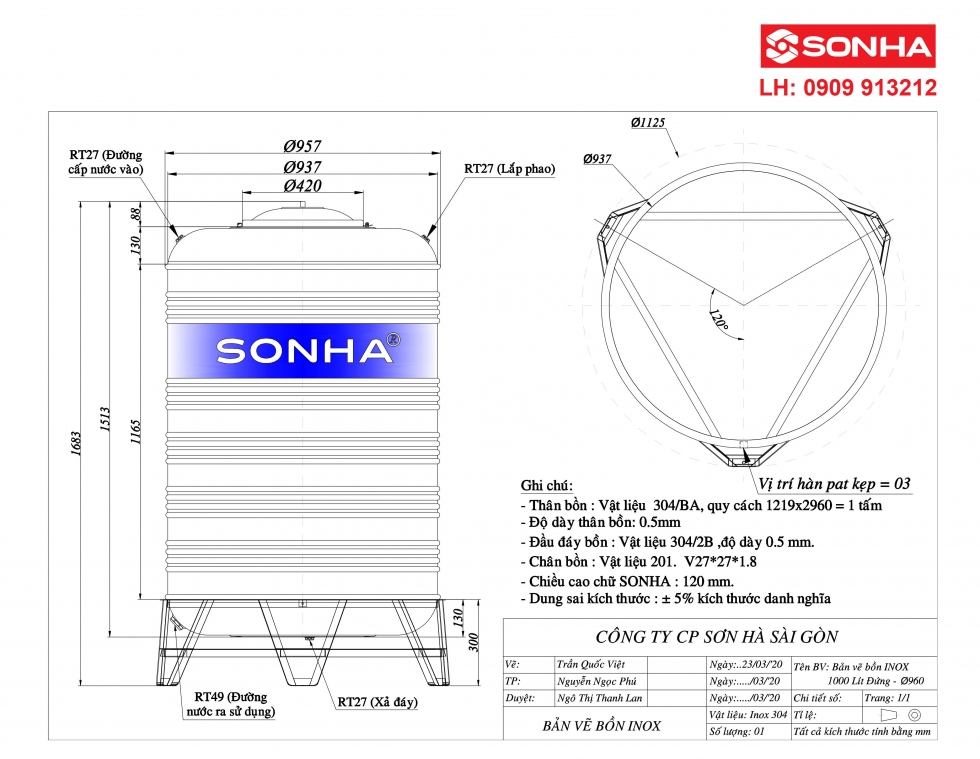 Bảng vẽ bồn nước inox 1000 lít đứng