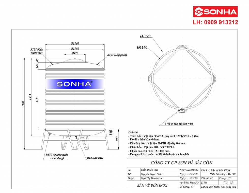 Bảng vẽ bồn nước inox 1500 lít đứng