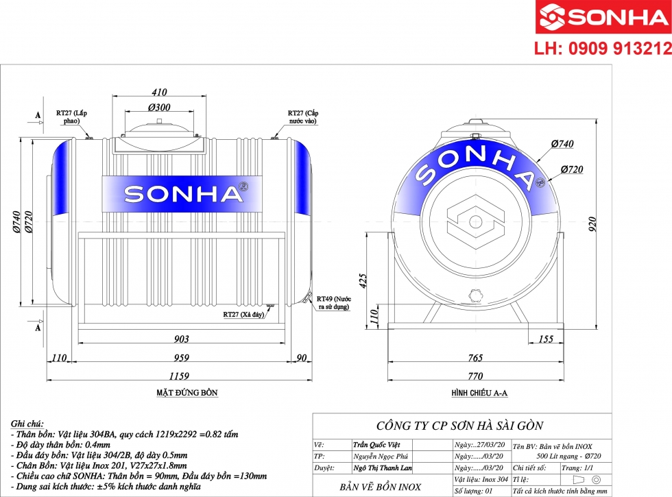 Bảng vẽ kỹ thuật bồn nước inox 500 lít ngang