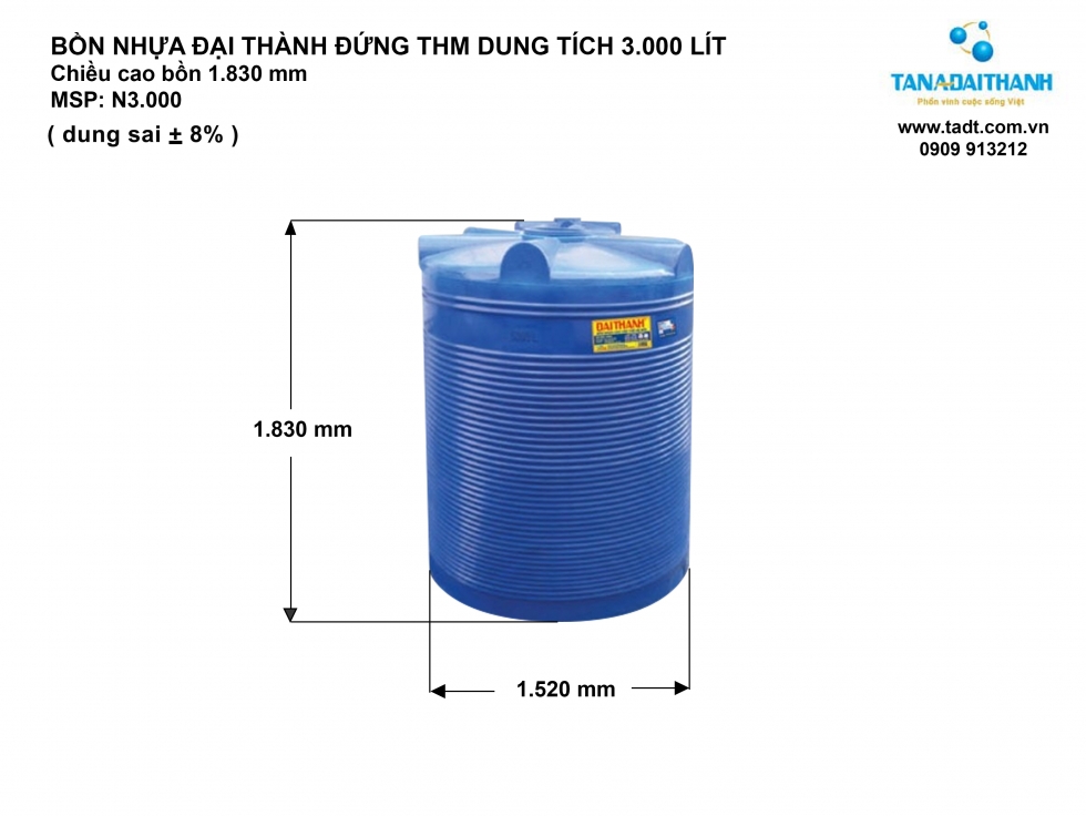 Kích thước bồn nước nhựa 3000L đứng