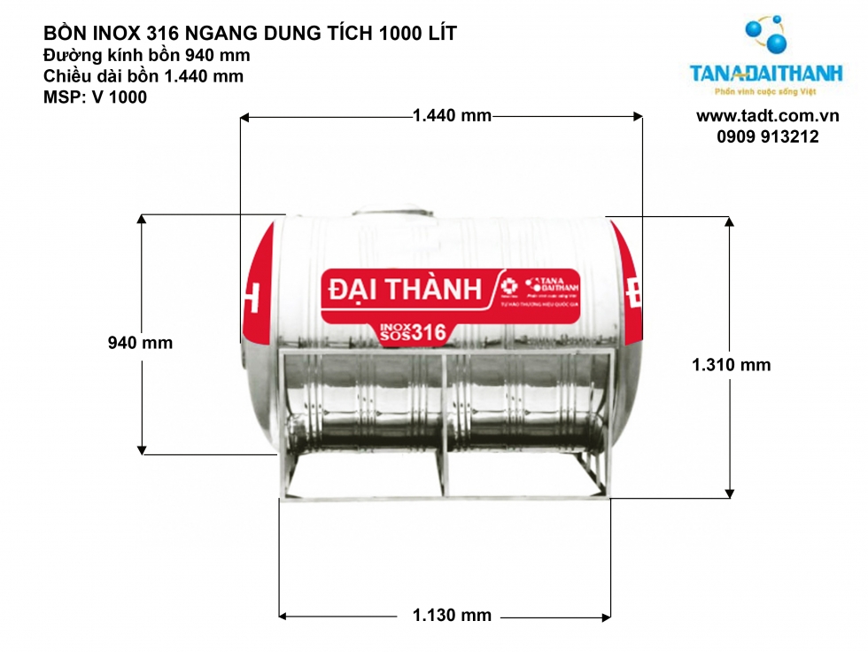 Kích thước bồn nước inox 1000 lít nằm  