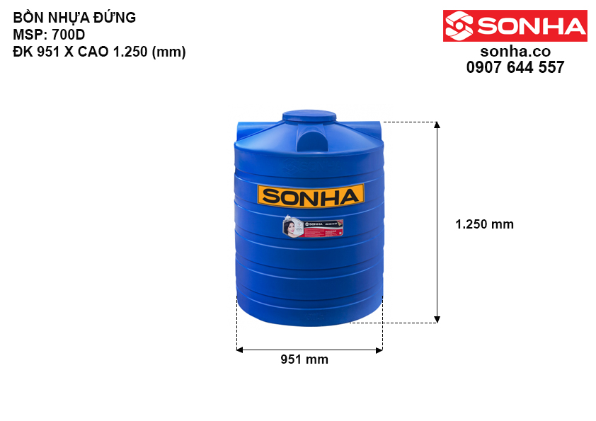 Kích thước bồn nước nhựa 700 lít đứng